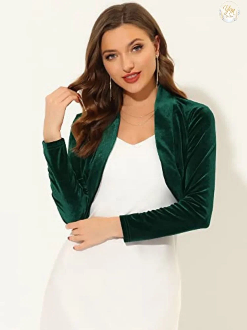 Velvet Open Front Cropped Bolero Cardigan Long Sleeve Shawl Neck Shrug